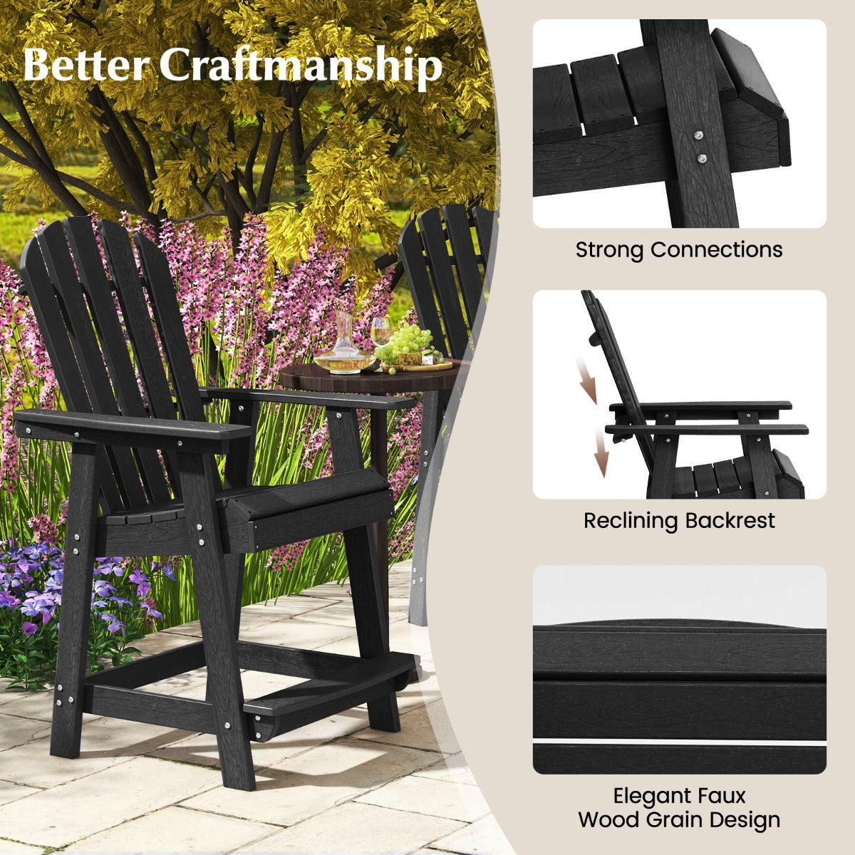 LIVSK Adirondack-barstoel - Weerbestendig HDPE - Ergonomisch met Armleuningen en Voetsteun - Tot 150 kg - Zwart