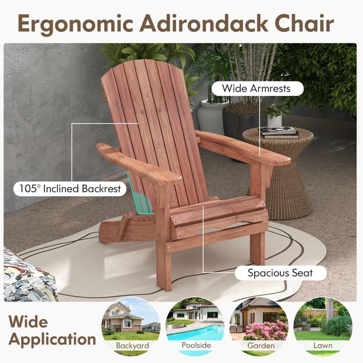 Livsk costway adirondack houten tuinstoel opvouwbare buitenstoel met armleuningen latten tuinstoel hoge rug opvouwbare stoel voor keuken terras 2