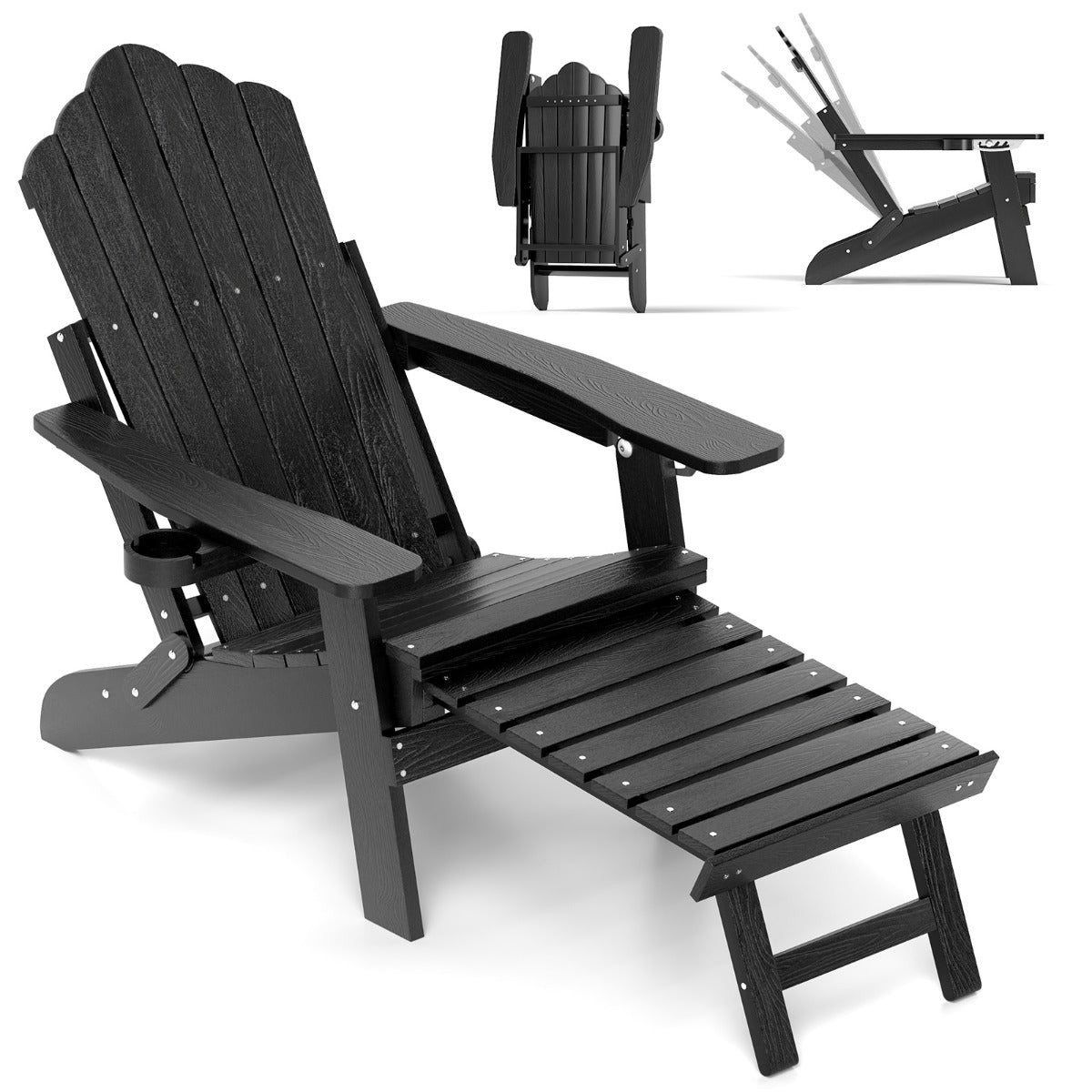 LIVSK Adirondack-stoel - Ergonomisch en Weerbestendig - 4-voudig Verstelbare Rugleuning - Inklapbaar - Draaibare Bekerhouder -