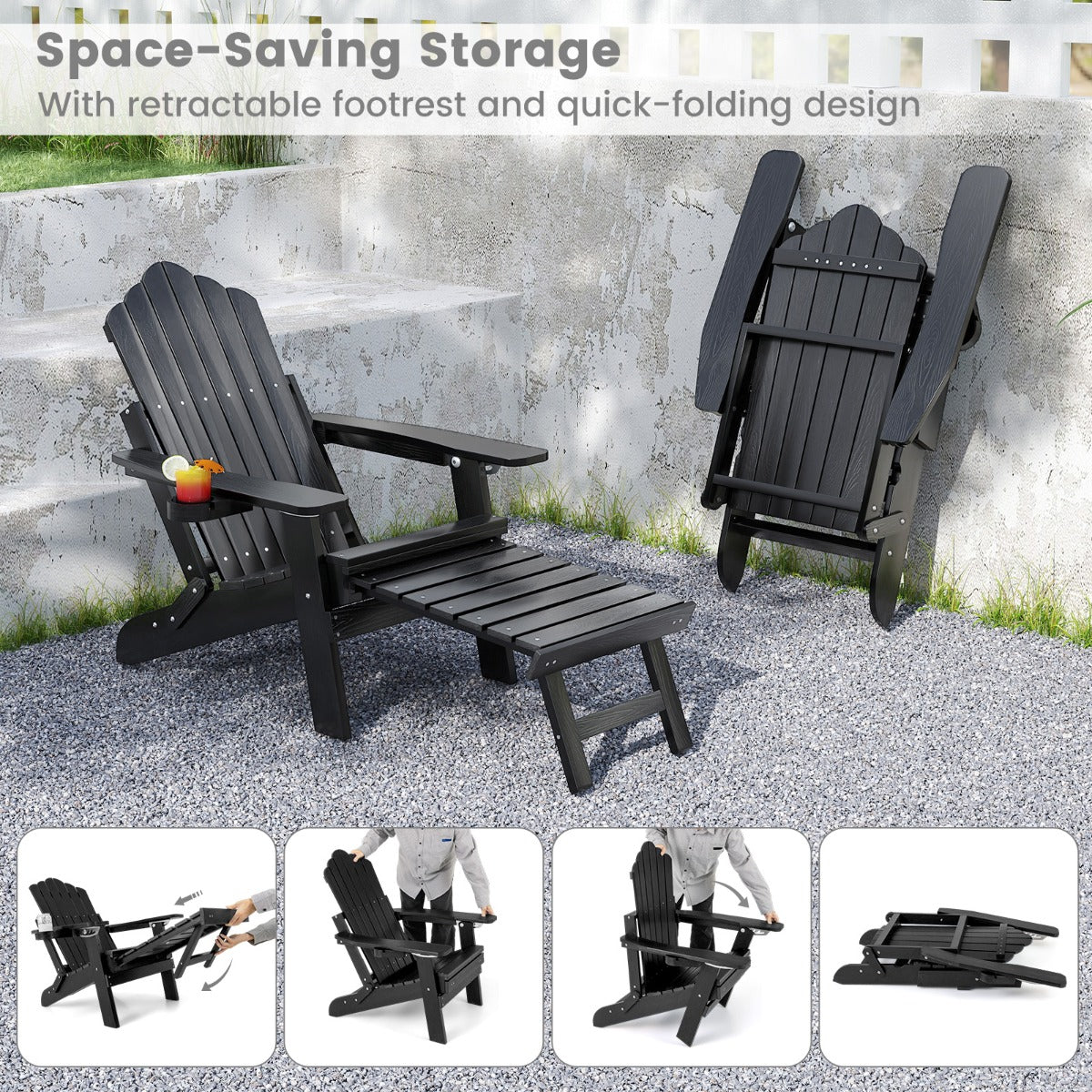LIVSK Adirondack-stoel - Ergonomisch en Weerbestendig - 4-voudig Verstelbare Rugleuning - Inklapbaar - Draaibare Bekerhouder -