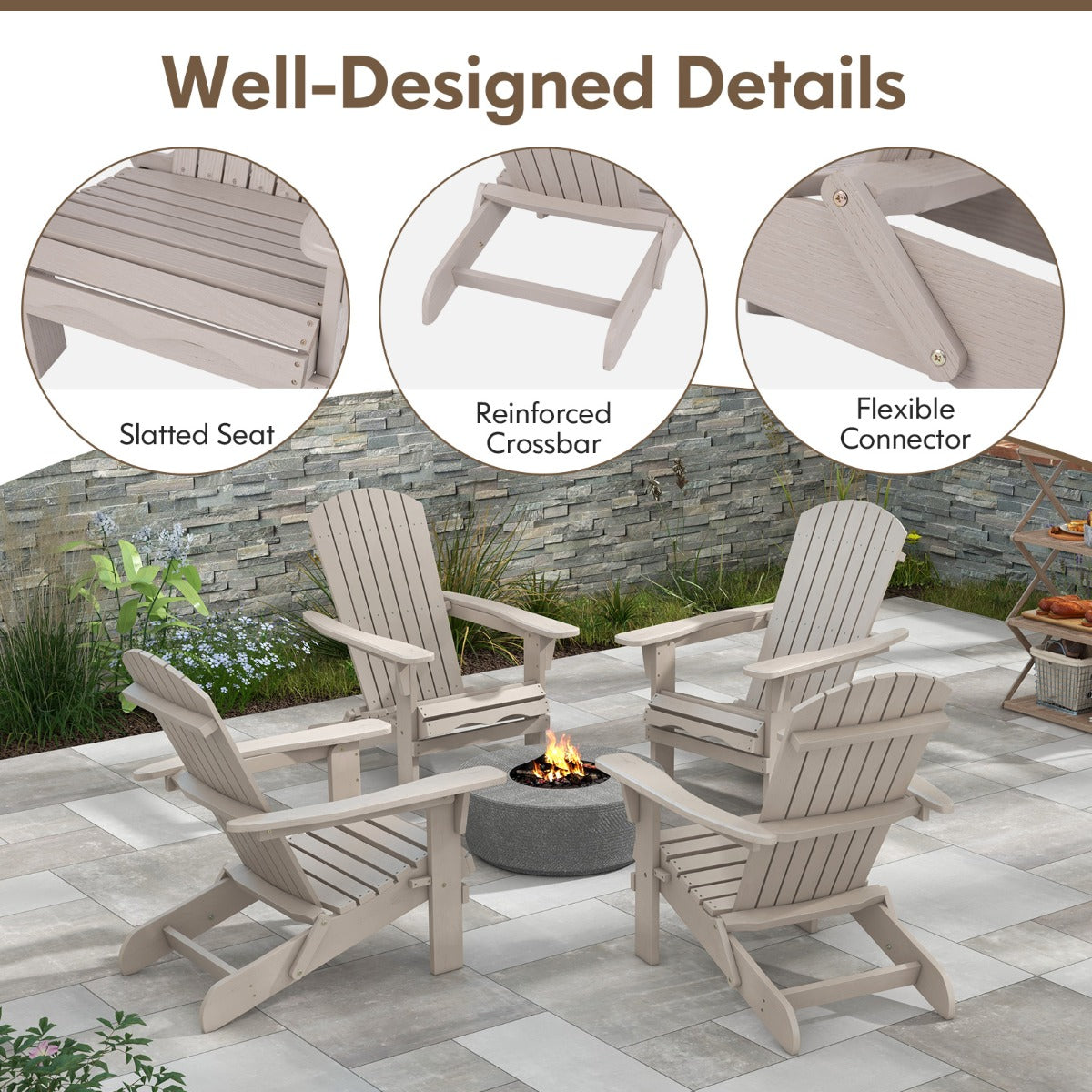 Livsk costway adirondack stoel opvouwbaar adirondack stoel van hout tuinstoel met hoge rugleuning grijs 3