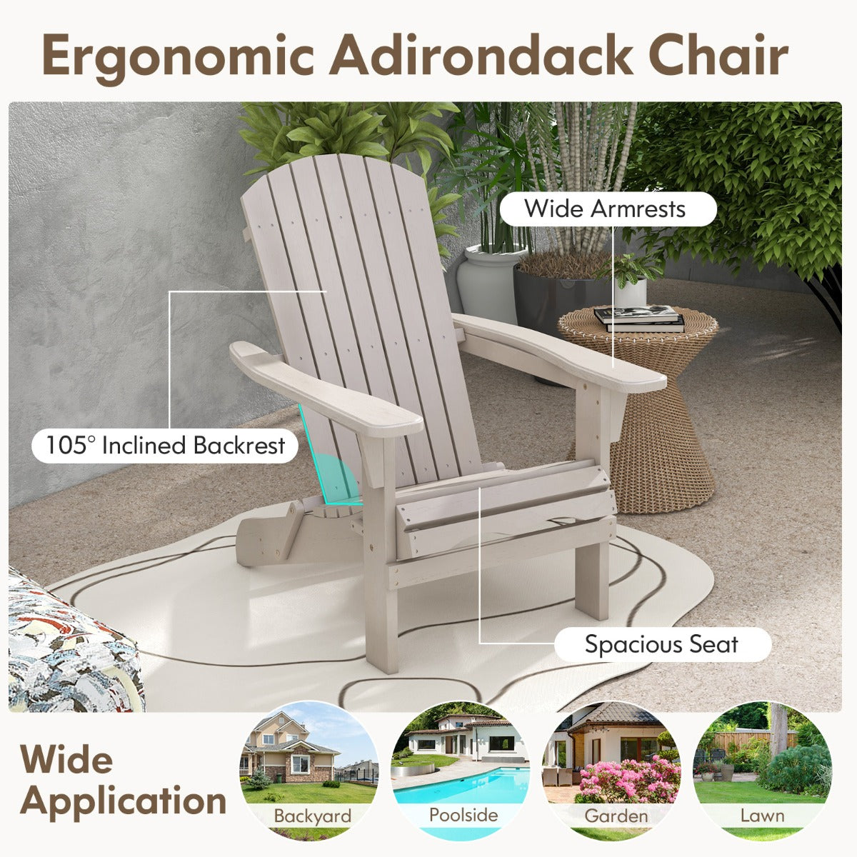 Livsk costway adirondack stoel opvouwbaar adirondack stoel van hout tuinstoel met hoge rugleuning grijs 4