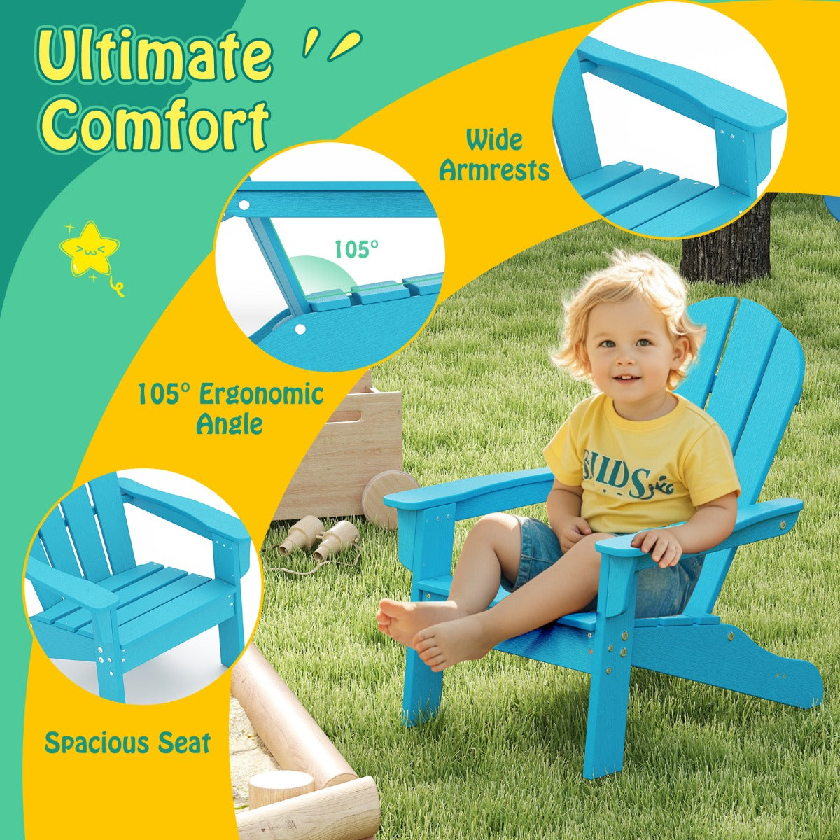 LIVSK Ergonomische Adirondack Kinderstoel - Weerbestendig HDPE - Voor Binnen en Buiten - Draagvermogen tot 75 kg - Bruin