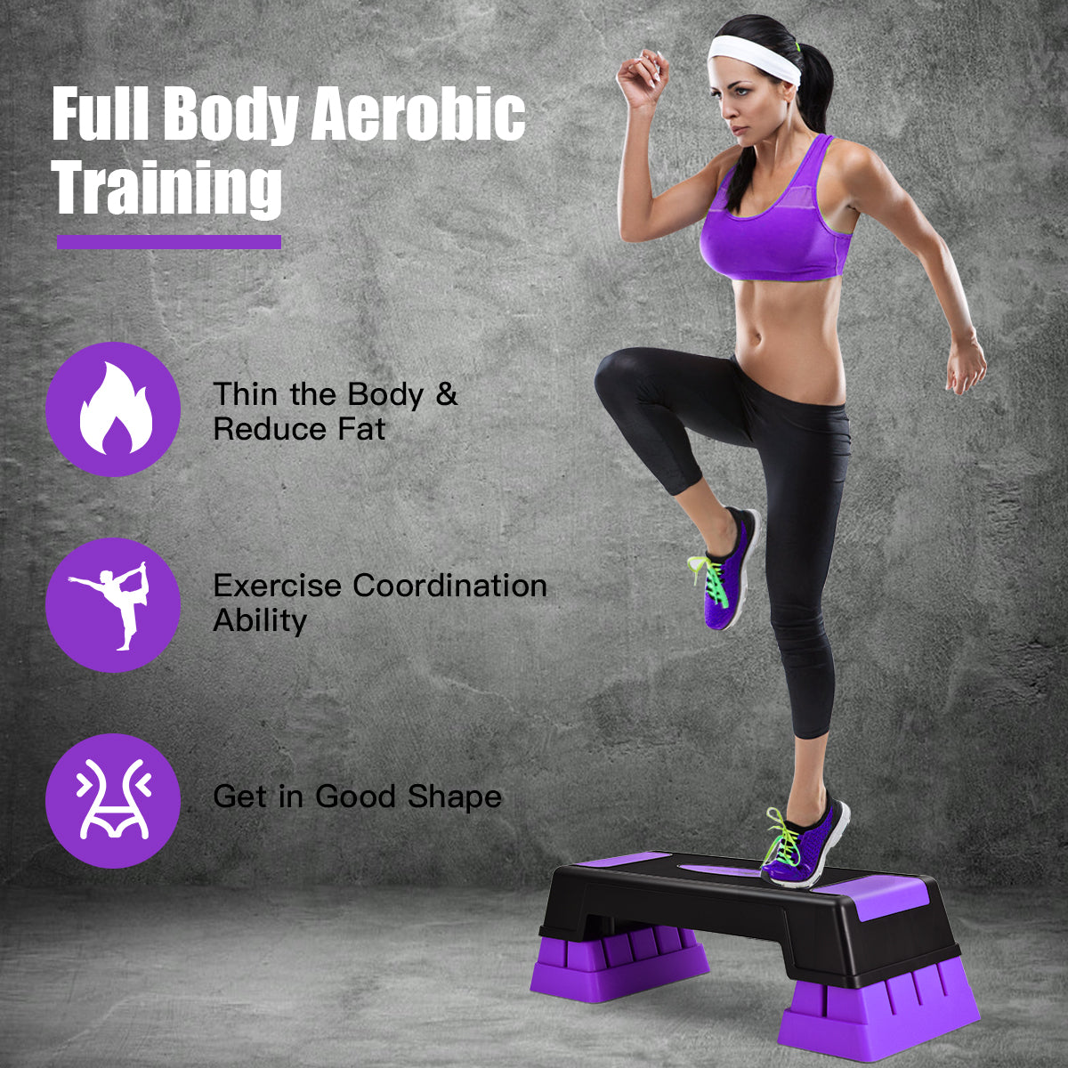 Livsk costway aerobic stepper 3 hoogte verstelbaar workout fitness stepper 755 cm oefening aerobic step platform met anti slip doppen paarszwart 4
