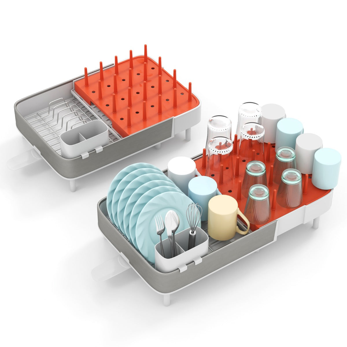 LIVSK Verstelbaar Afdruiprek met Afneembare Bestekhouder - Uittrekbaar en 360° Draaibaar - Ruimtebesparend - Oranje
