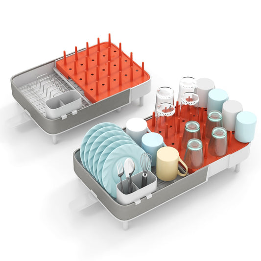 LIVSK Verstelbaar Afdruiprek met Afneembare Bestekhouder - Uittrekbaar en 360° Draaibaar - Ruimtebesparend - Oranje