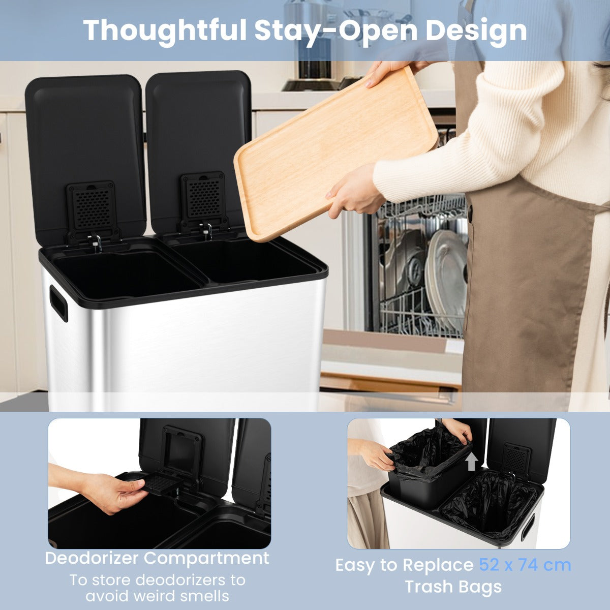 LIVSK Afvalemmer met 2 Compartimenten - 60L - Roestvrij Staal - Stil deksel - Deodorantvakken - Vingerafdrukbestendig - Zilver