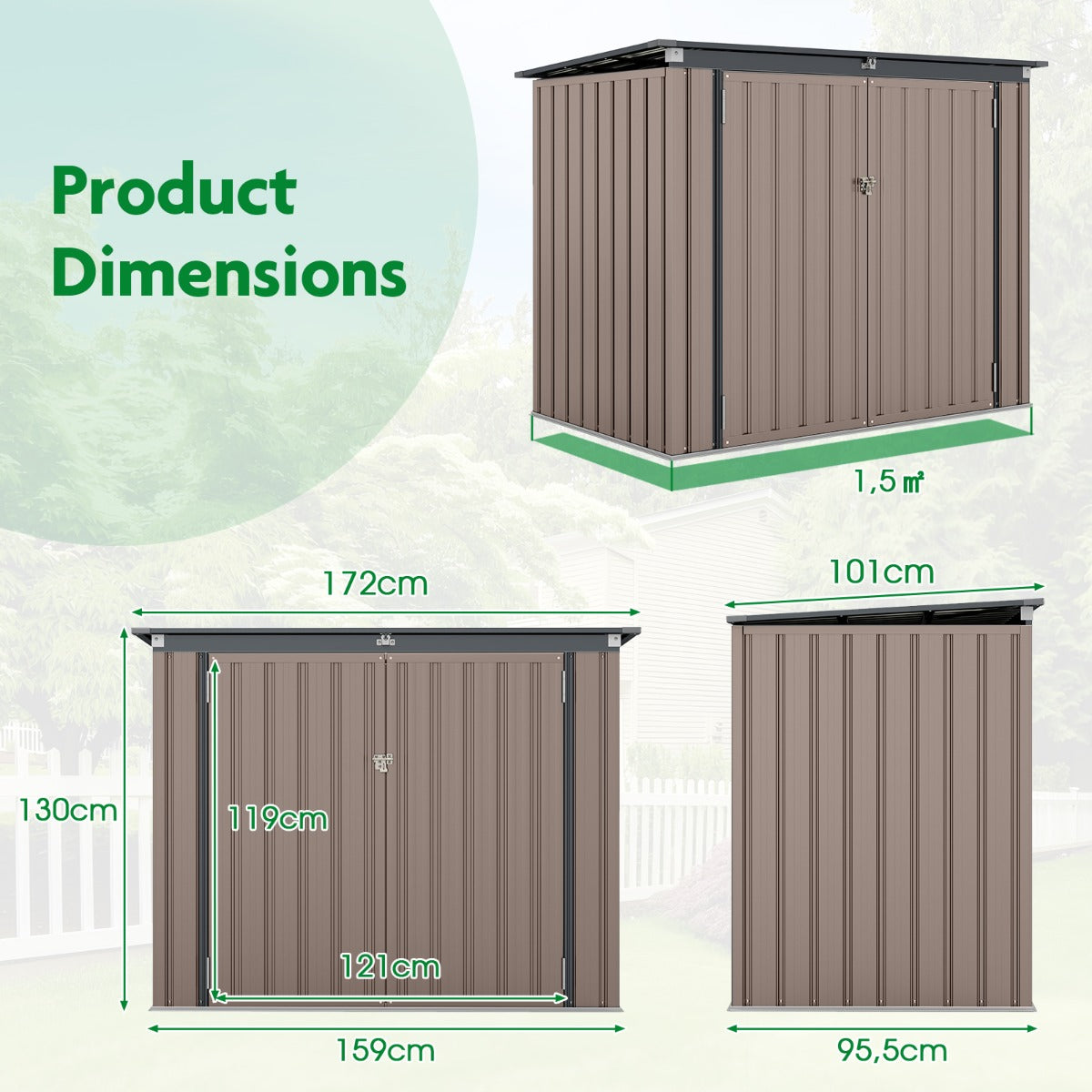 LIVSK Tuinschuur - Dubbel Openingsysteem - Gegalvaniseerd Metaal - 172 x 95,5 x 130 cm - Voor Tuin en Buiten - Bruin