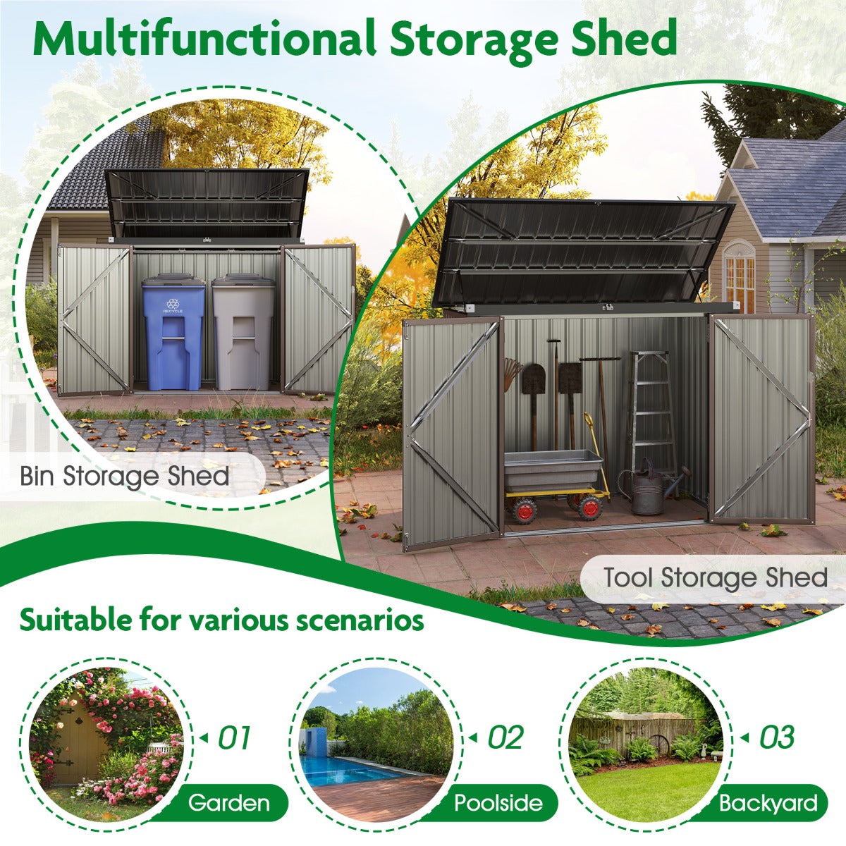 LIVSK Tuinschuur - Dubbel Openingsysteem - Gegalvaniseerd Metaal - 172 x 95,5 x 130 cm - Voor Tuin en Buiten - Bruin