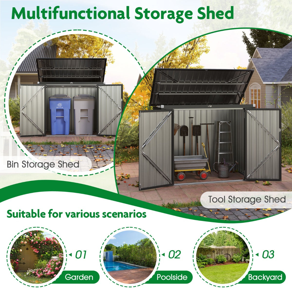 LIVSK Tuinschuur - Dubbel Openingssysteem met Gasveren - Veiligheidsslot - Voor Tuingereedschap - 172 x 95,5 x 130 cm - Zwart