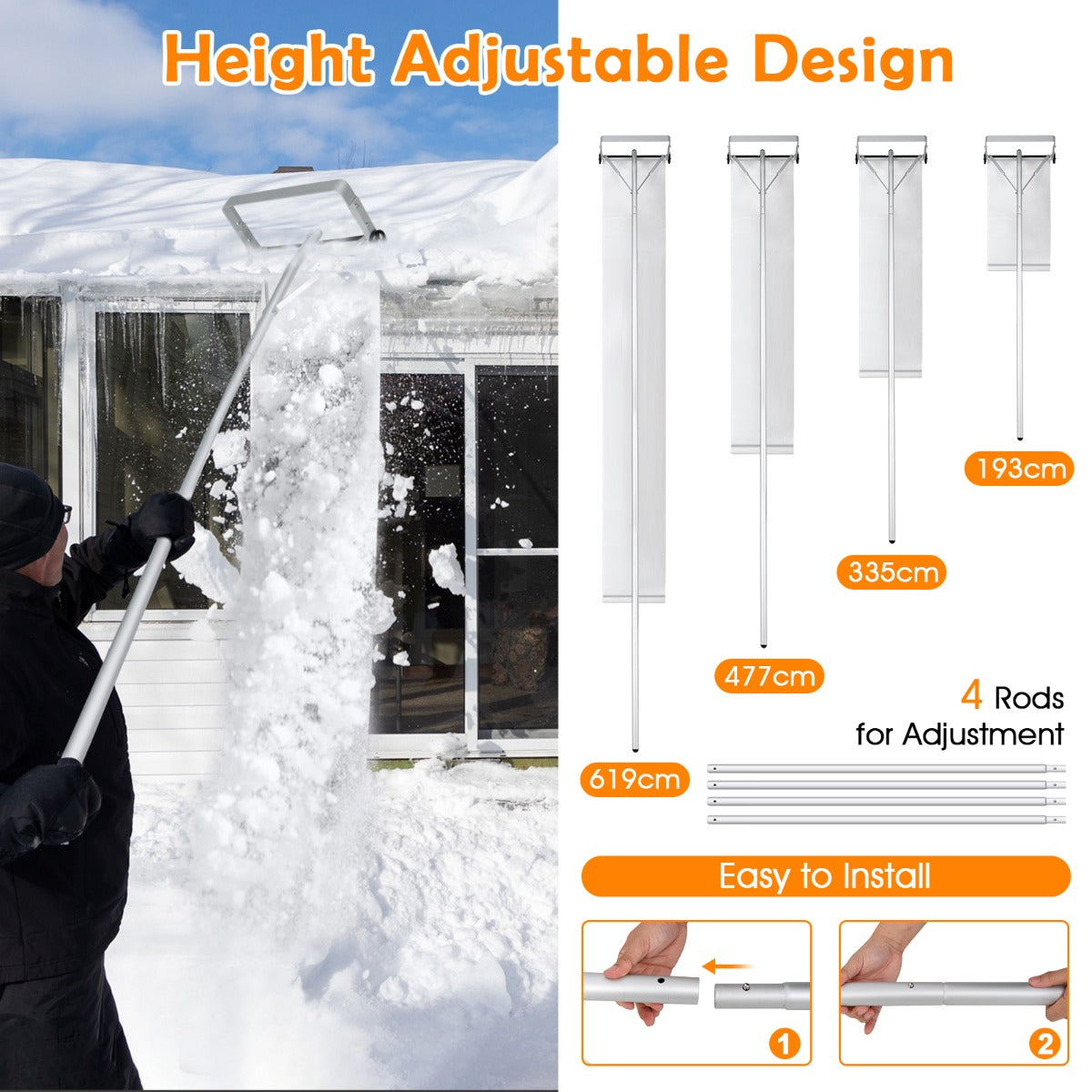LIVSK Verstelbare Sneeuwhark - Tot 619 cm - 4 Stangen - 2 Wielen - Duurzaam Aluminium - Voor Dakreiniging - Zilver