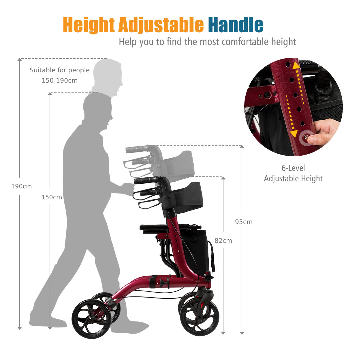 LIVSK Opvouwbare Rollator - Lichtgewicht Aluminium - Verstelbare Hoogte - Brede Zitting - Tot 136 kg - Rood