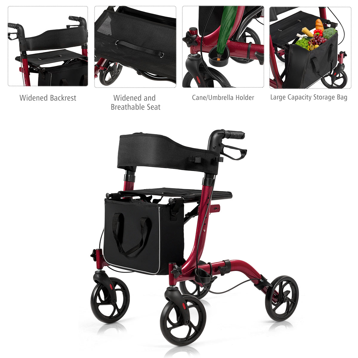 LIVSK Opvouwbare Rollator - Lichtgewicht Aluminium - Verstelbare Hoogte - Brede Zitting - Tot 136 kg - Rood