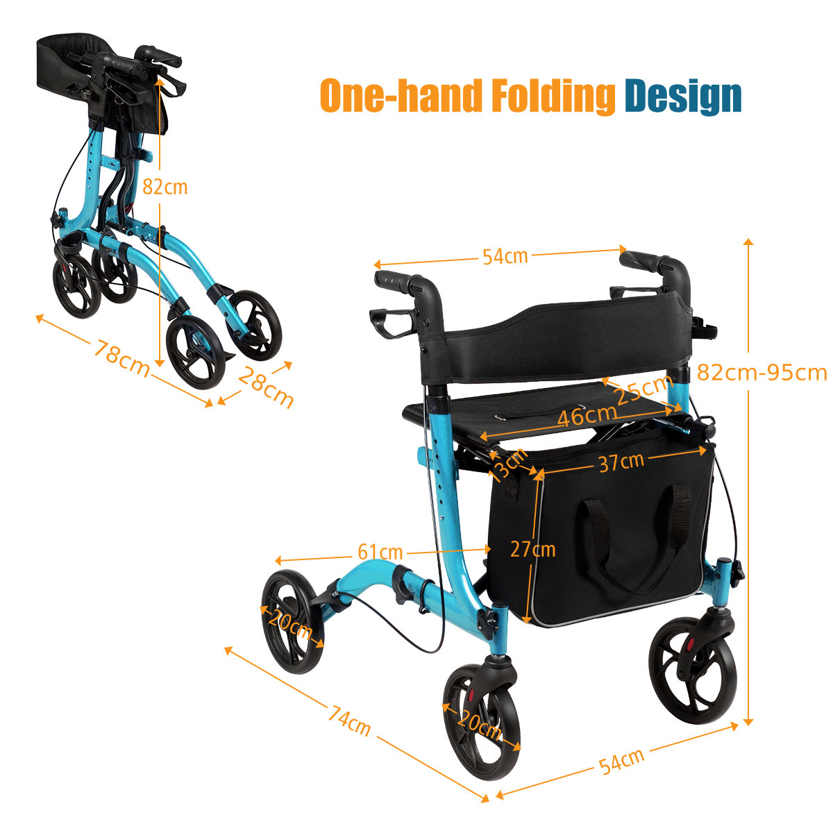 LIVSK Opvouwbare Lichtgewicht Rollator - Hoogteverstelbaar - Ergonomische Handgrepen - Dubbel Remsysteem - Inclusief Opbergzak