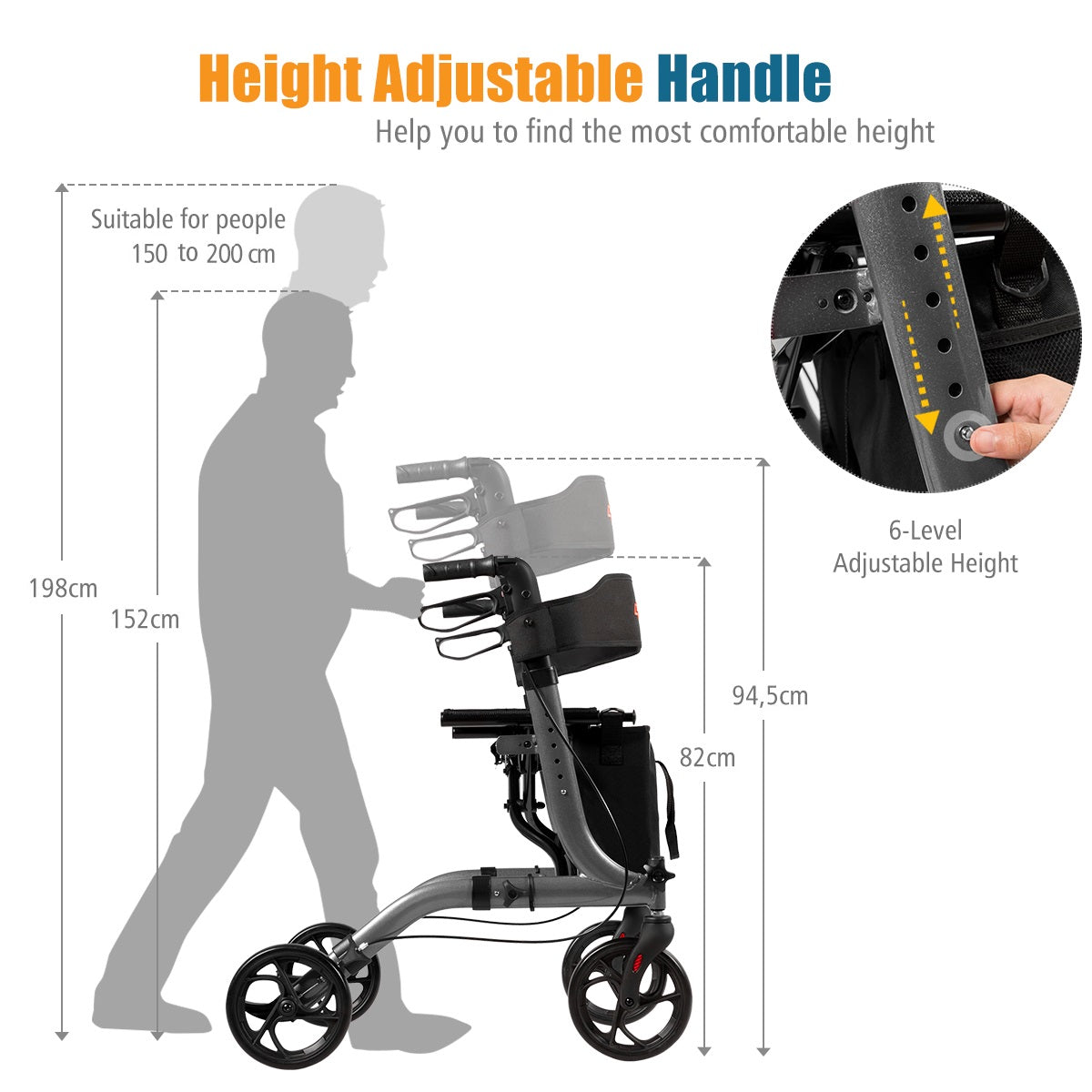 LIVSK Opvouwbare Aluminium Rollator - Lichtgewicht en Hoogteverstelbaar - Ergonomische Handgrepen - Dubbel Remsysteem - Grijs