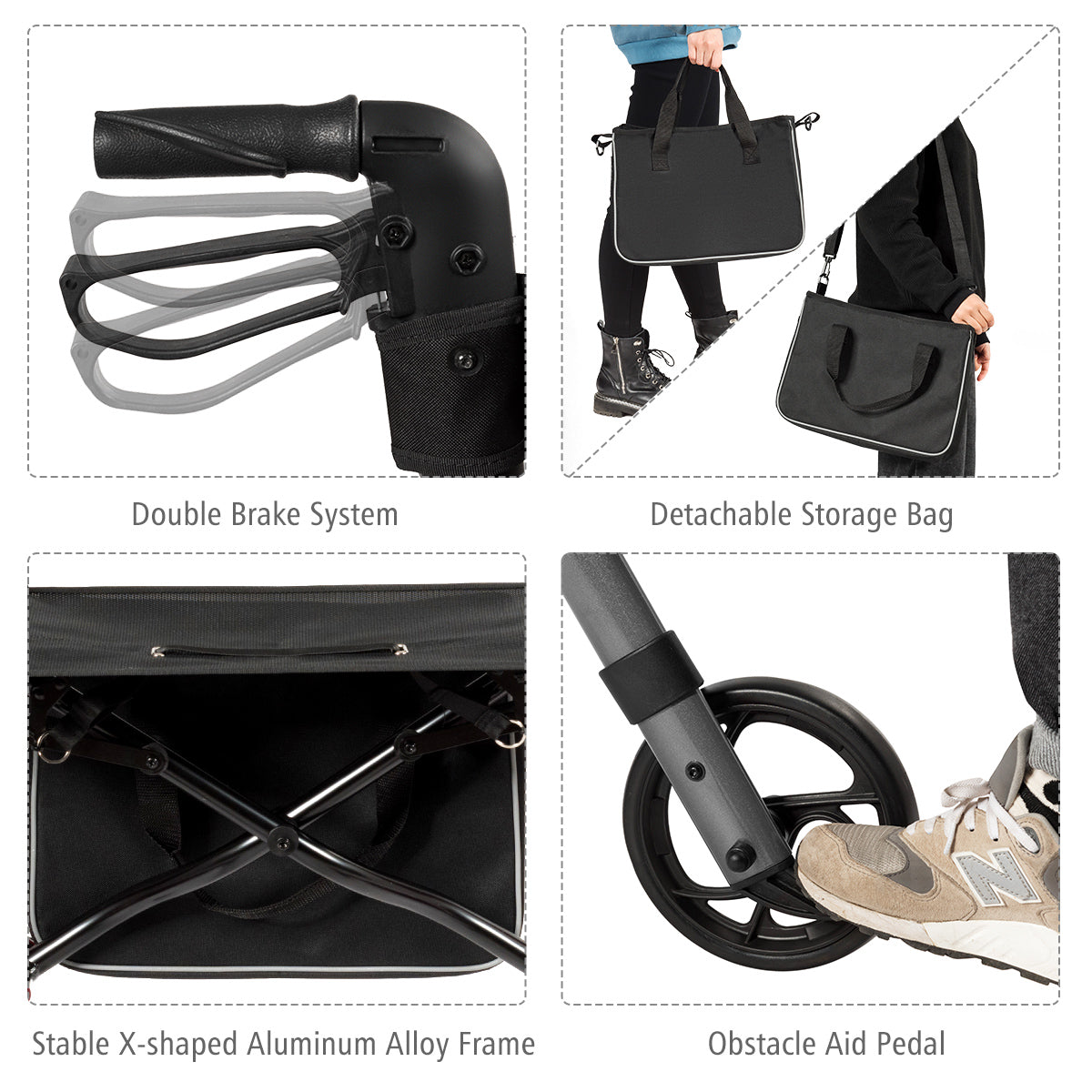 LIVSK Opvouwbare Aluminium Rollator - Lichtgewicht en Hoogteverstelbaar - Ergonomische Handgrepen - Dubbel Remsysteem - Grijs