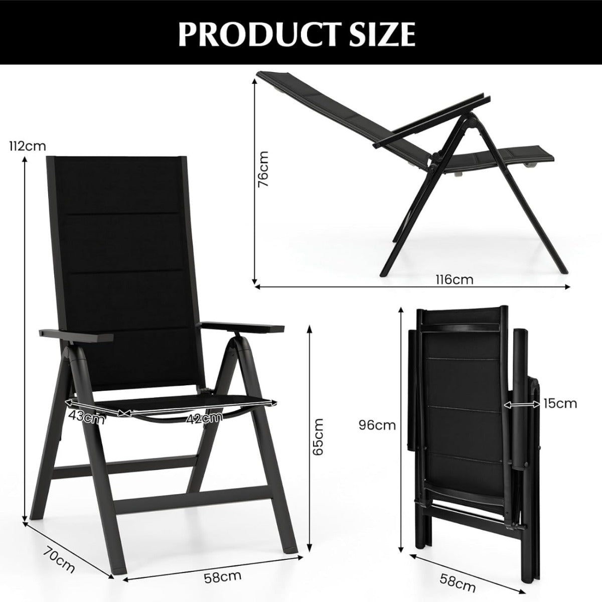 LIVSK Opvouwbare Tuinstoel - Ergonomische Rugleuning - 7 Verstelbare Posities - Draagbaar en Comfortabel - Tot 110 kg - Zwart
