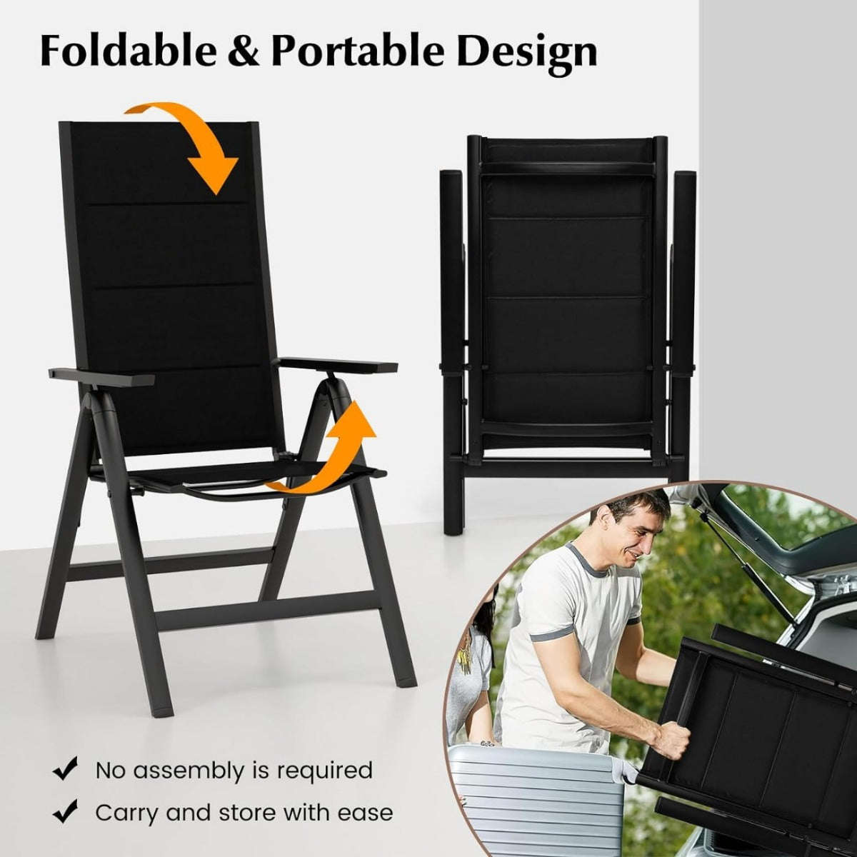 LIVSK Opvouwbare Tuinstoel - Ergonomische Rugleuning - 7 Verstelbare Posities - Draagbaar en Comfortabel - Tot 110 kg - Zwart