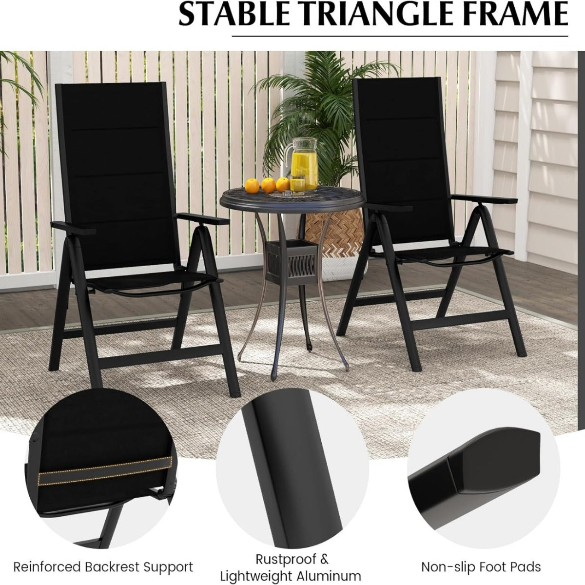 LIVSK Opvouwbare Tuinstoel - Ergonomische Rugleuning - 7 Verstelbare Posities - Draagbaar en Comfortabel - Tot 110 kg - Zwart