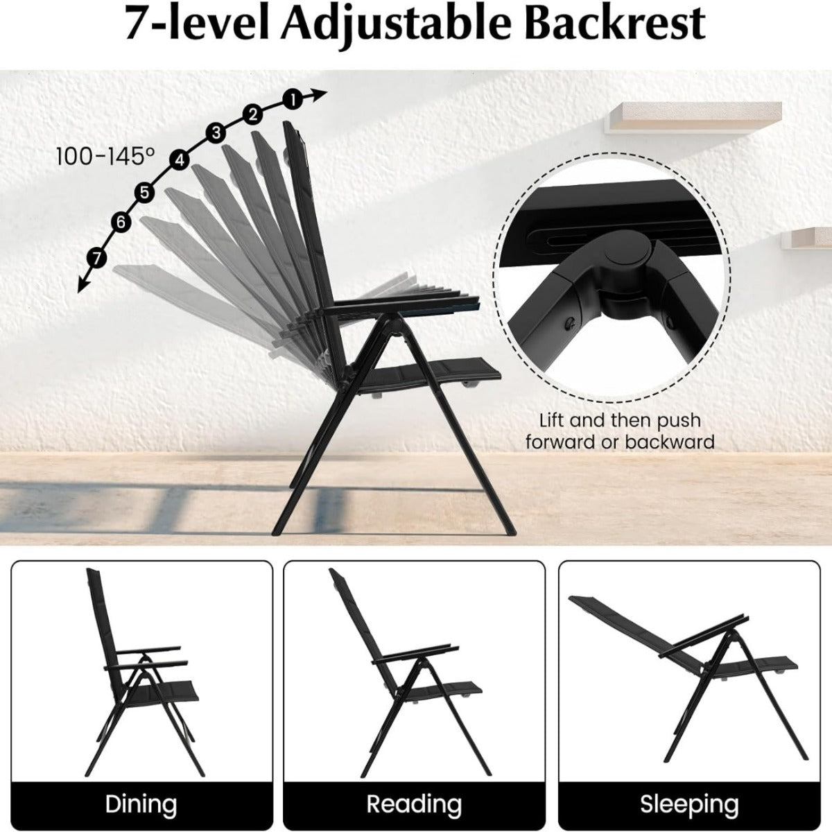 LIVSK Opvouwbare Tuinstoel - Ergonomische Rugleuning - 7 Verstelbare Posities - Draagbaar en Comfortabel - Tot 110 kg - Zwart