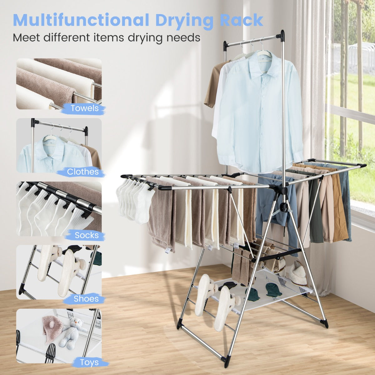 LIVSK Multifunctioneel Wasrek - Vlinderstijl met 3 Niveaus - Opvouwbaar - Roestbestendig Aluminium - 36 kg - Zilver