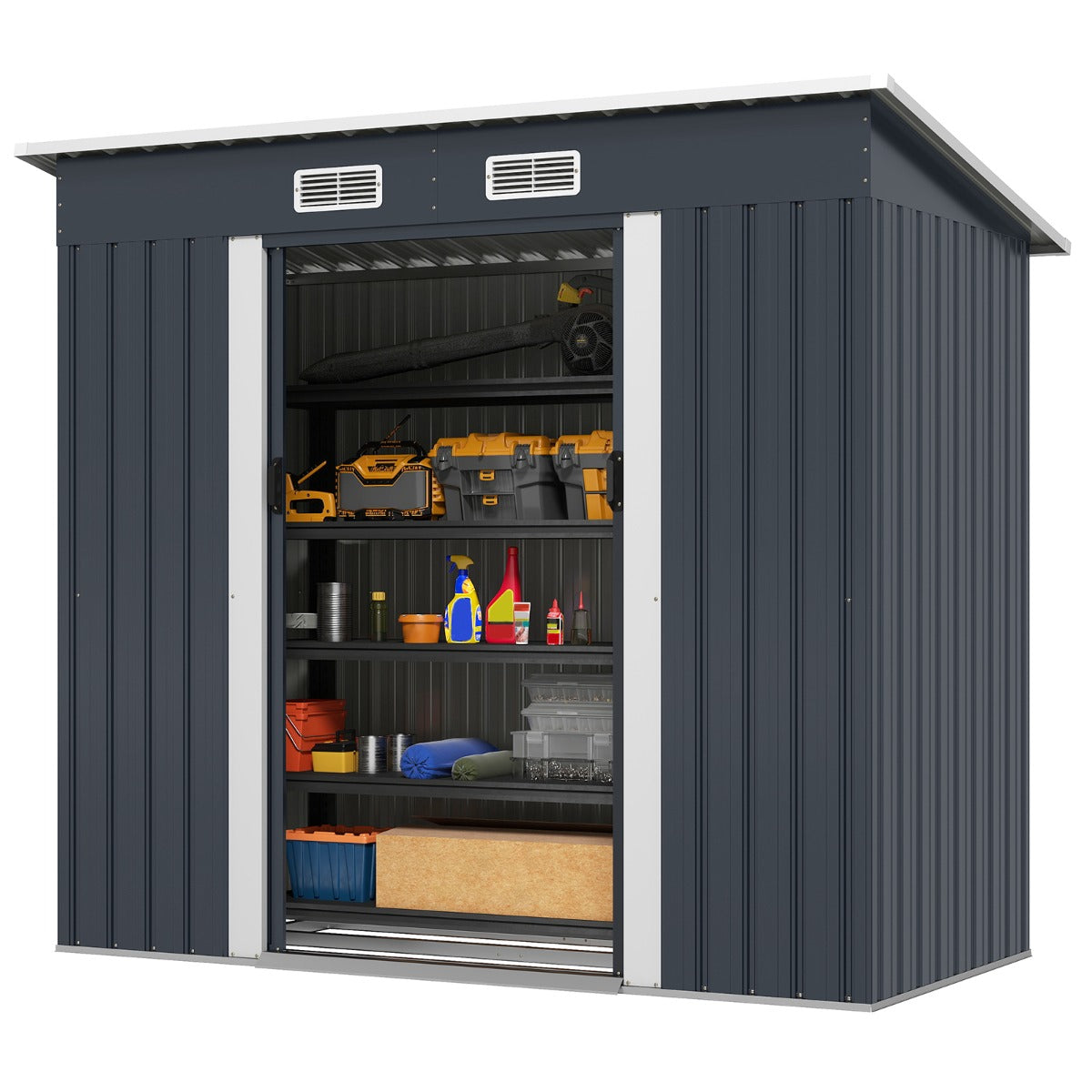 LIVSK Tuinschuur Fietsgarage - Verzinkt Staal - Schuin Dak met Ventilatie - 213 x 112 x 186 cm - Duurzaam - Grijs