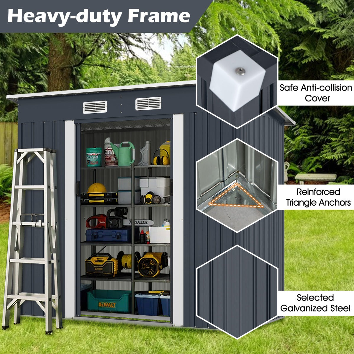 LIVSK Tuinschuur Fietsgarage - Verzinkt Staal - Schuin Dak met Ventilatie - 213 x 112 x 186 cm - Duurzaam - Grijs