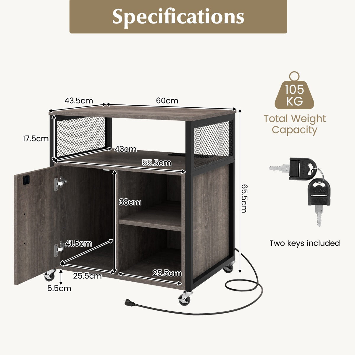 Livsk costway archiefkast op wielen verrijdbare kantoorkast met laadstation en gat voor kabelbeheer printerstandaard met metalen frame grijs 4