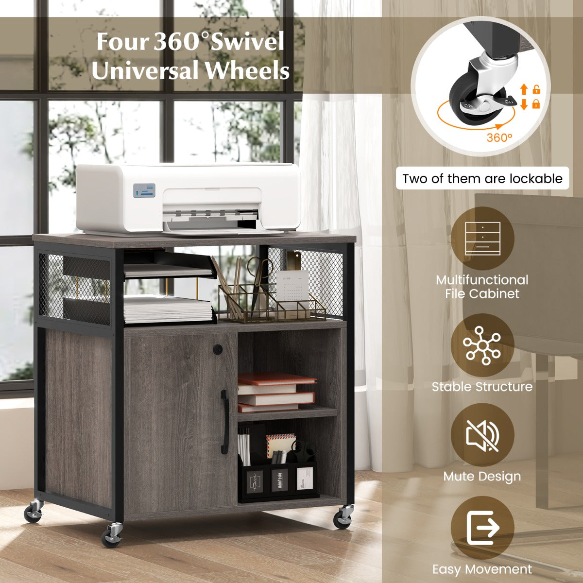 Livsk costway archiefkast op wielen verrijdbare kantoorkast met laadstation en gat voor kabelbeheer printerstandaard met metalen frame grijs 6