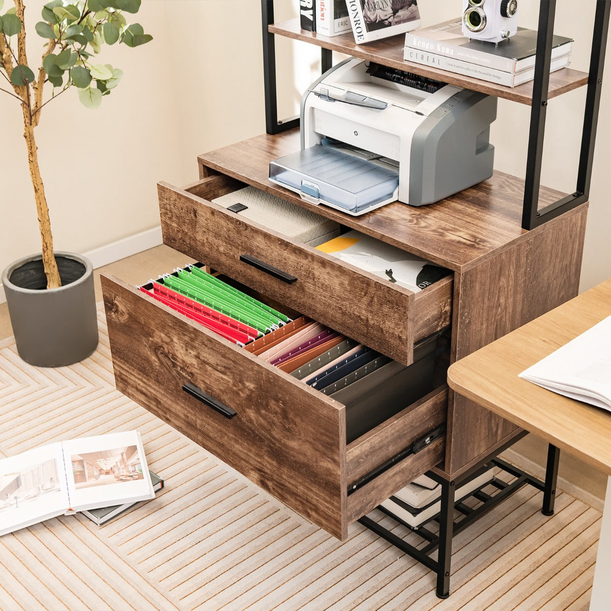 LIVSK Archiefkast met Printerstandaard - 3 Planken, 2 Lades, Oplaadstation - Voor A4, Letter en Legal - Rustiek bruin/grijs