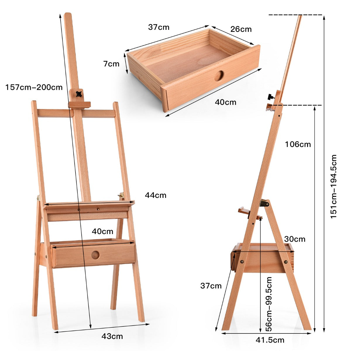 LIVSK Beukenhouten Schildersezel - In hoogte verstelbaar van 151 tot 194,5 cm - Ruime lade - Duurzaam - Natuur