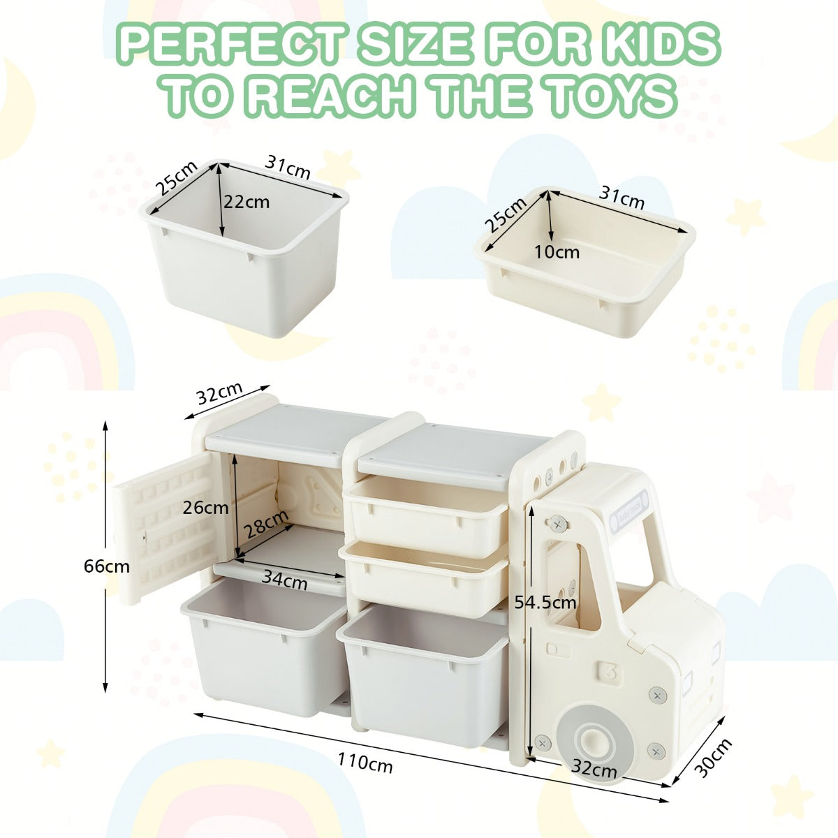 LIVSK Kinder Vrachtwagenkast - 2 Grote Opbergdozen - 2 Kleine Laden - Kast met Deur - Kindvriendelijk Materiaal - 110 x 32 x 66