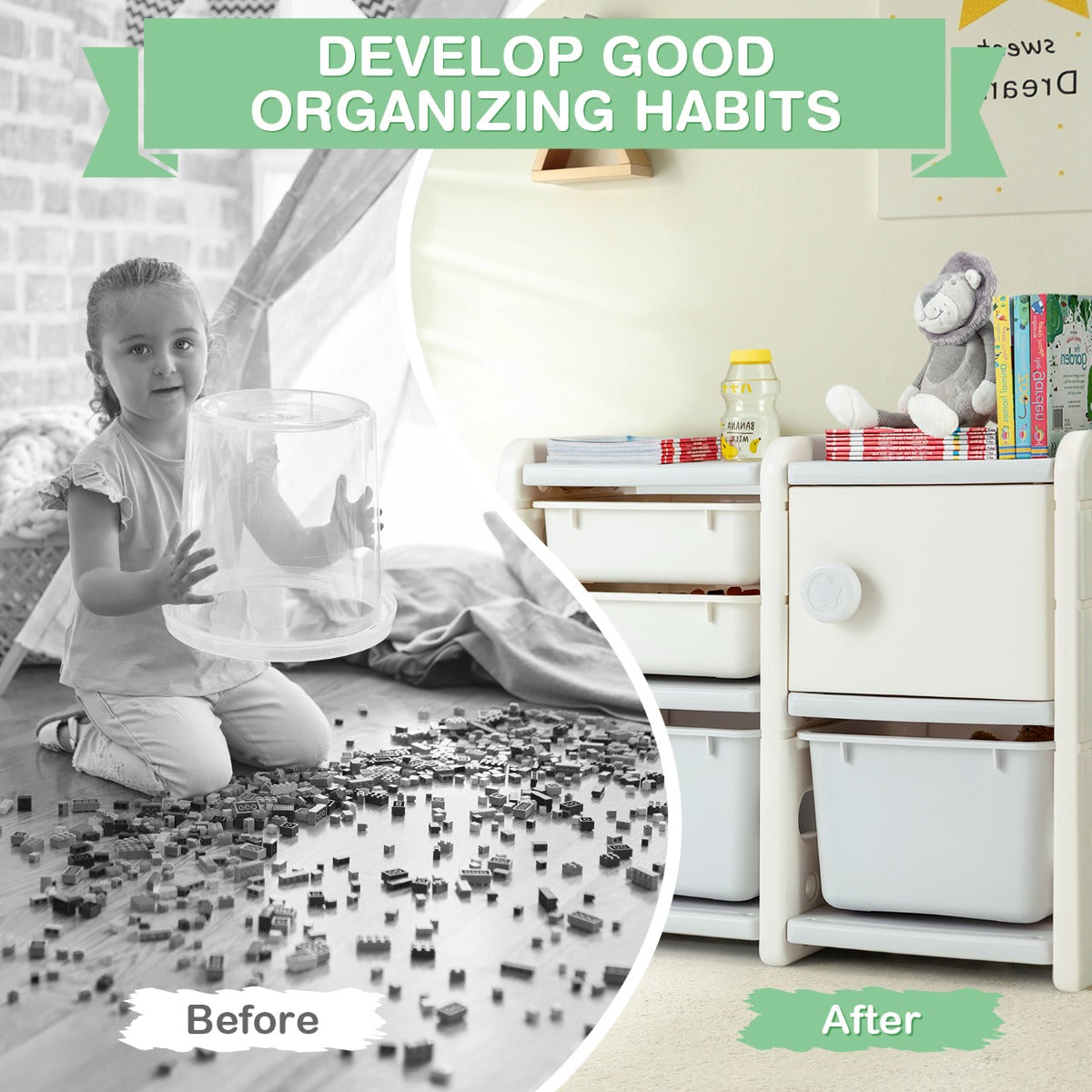 LIVSK Kinder Vrachtwagenkast - 2 Grote Opbergdozen - 2 Kleine Laden - Kast met Deur - Kindvriendelijk Materiaal - 110 x 32 x 66