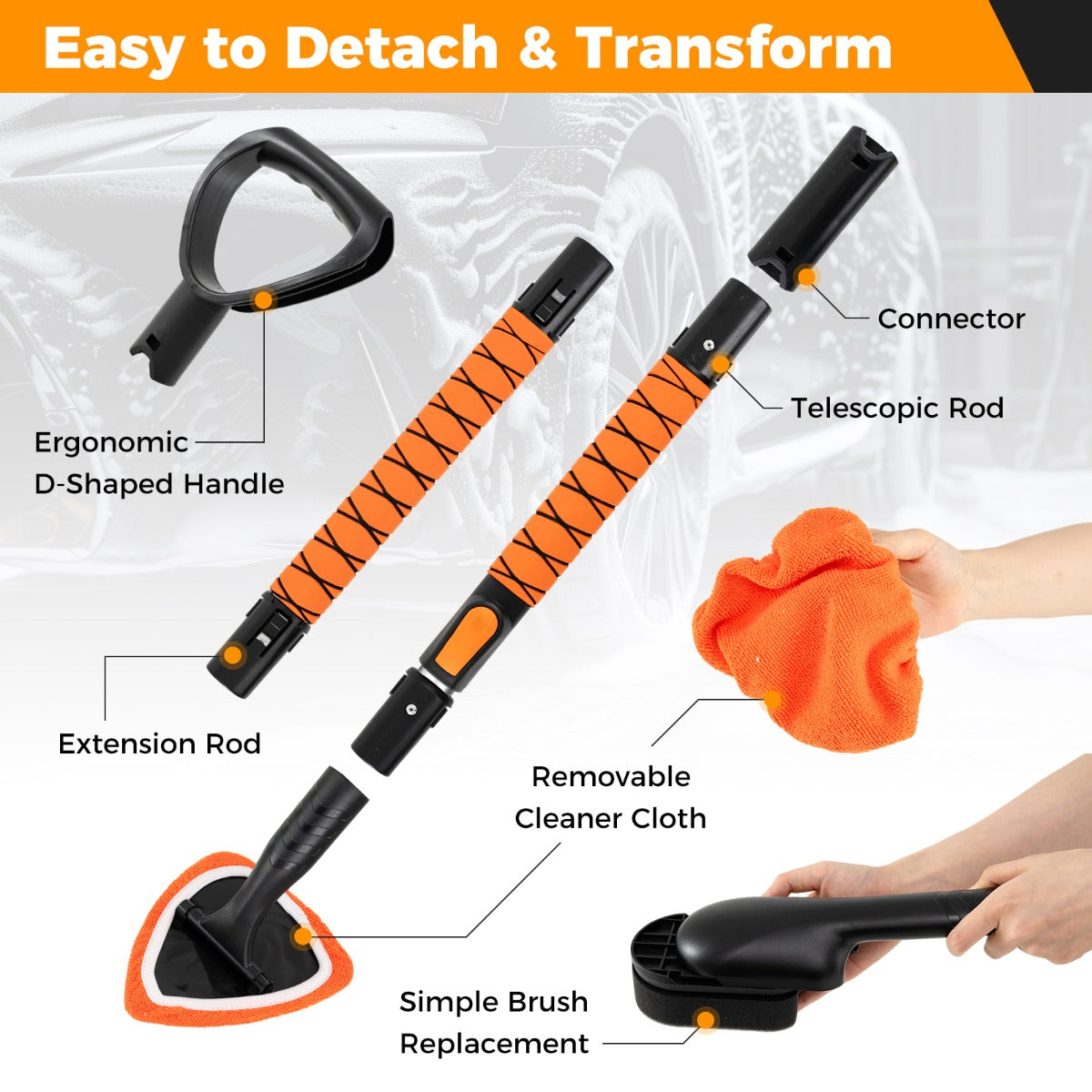 LIVSK Autowasborstel Set met Telescoopsteel - Verstelbare Handgreep - Chenille - Mop - 3 - in - 1 Ruitenwisser - Krasvrij