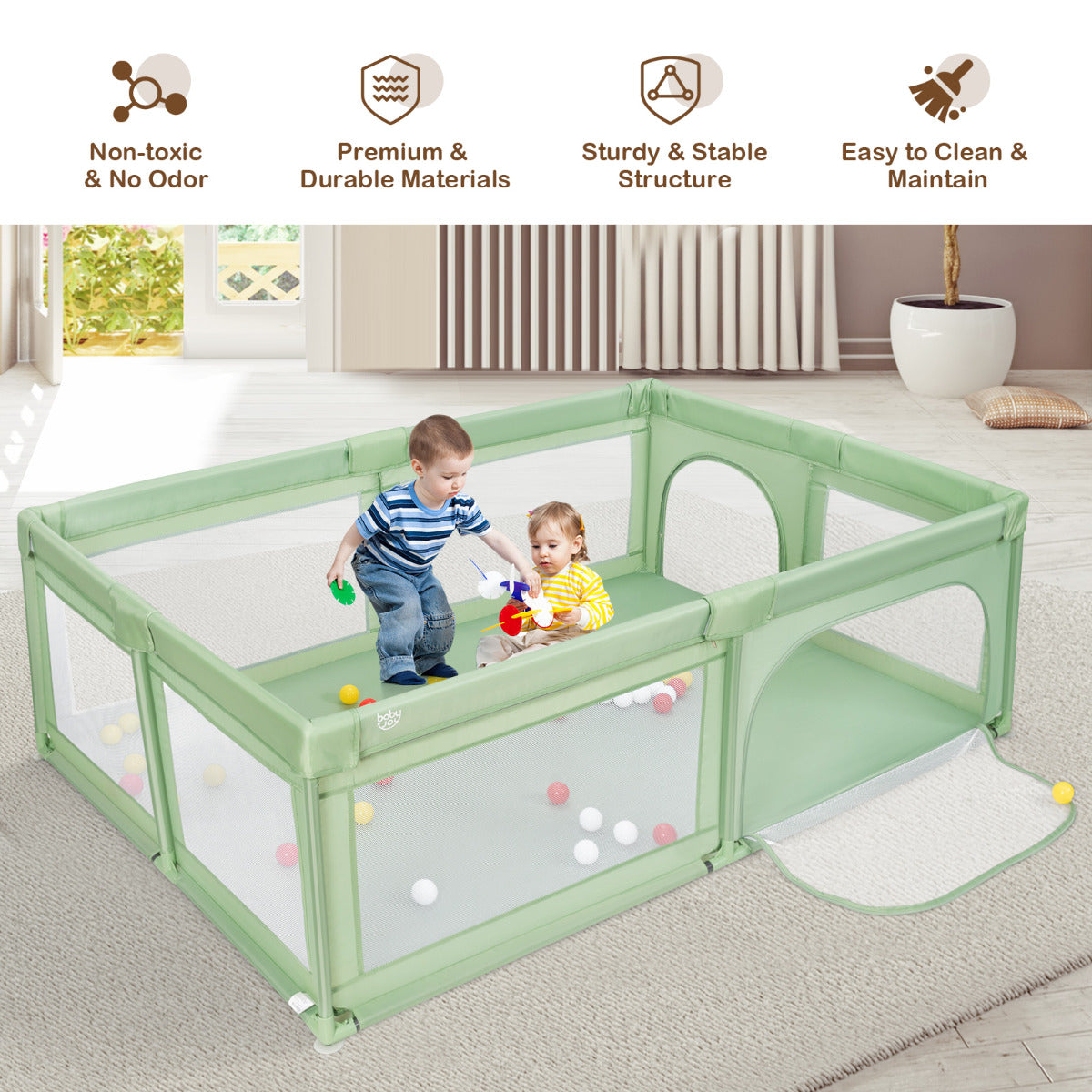 LIVSK Baby Speelbox - Veilig en Ruim - Externe Ritsen - Ademend Gaas - 205 x 147 x 68,5 cm - Niet-giftig - Zoals afgebeeld