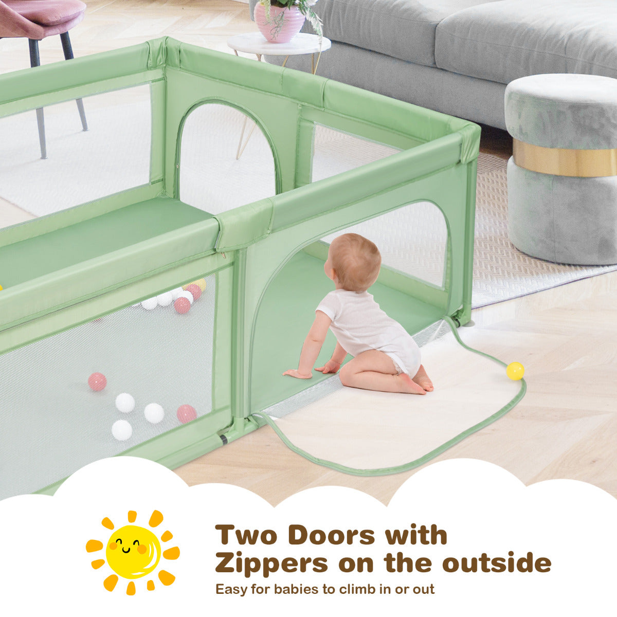 LIVSK Baby Speelbox - Veilig en Ruim - Externe Ritsen - Ademend Gaas - 205 x 147 x 68,5 cm - Niet-giftig - Zoals afgebeeld