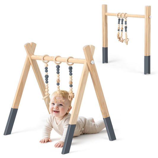 LIVSK minispeeltuin - Educatief Speeltoestel van Hout - Veilig en Opvouwbaar - Inclusief 3 Speelgoedjes - 60 x 44 x 60 cm - Grijs