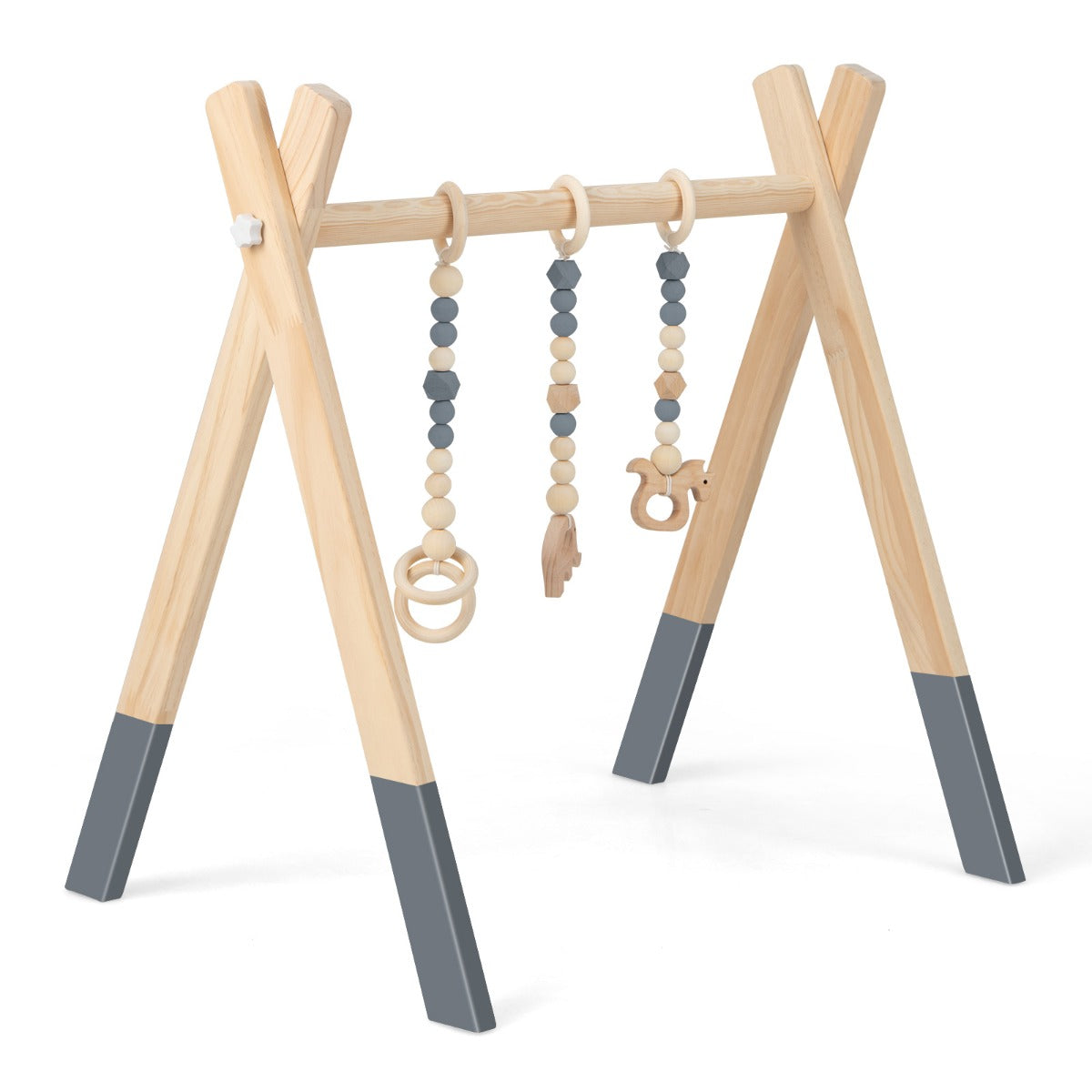 LIVSK minispeeltuin - Educatief Speeltoestel van Hout - Veilig en Opvouwbaar - Inclusief 3 Speelgoedjes - 60 x 44 x 60 cm - Grijs