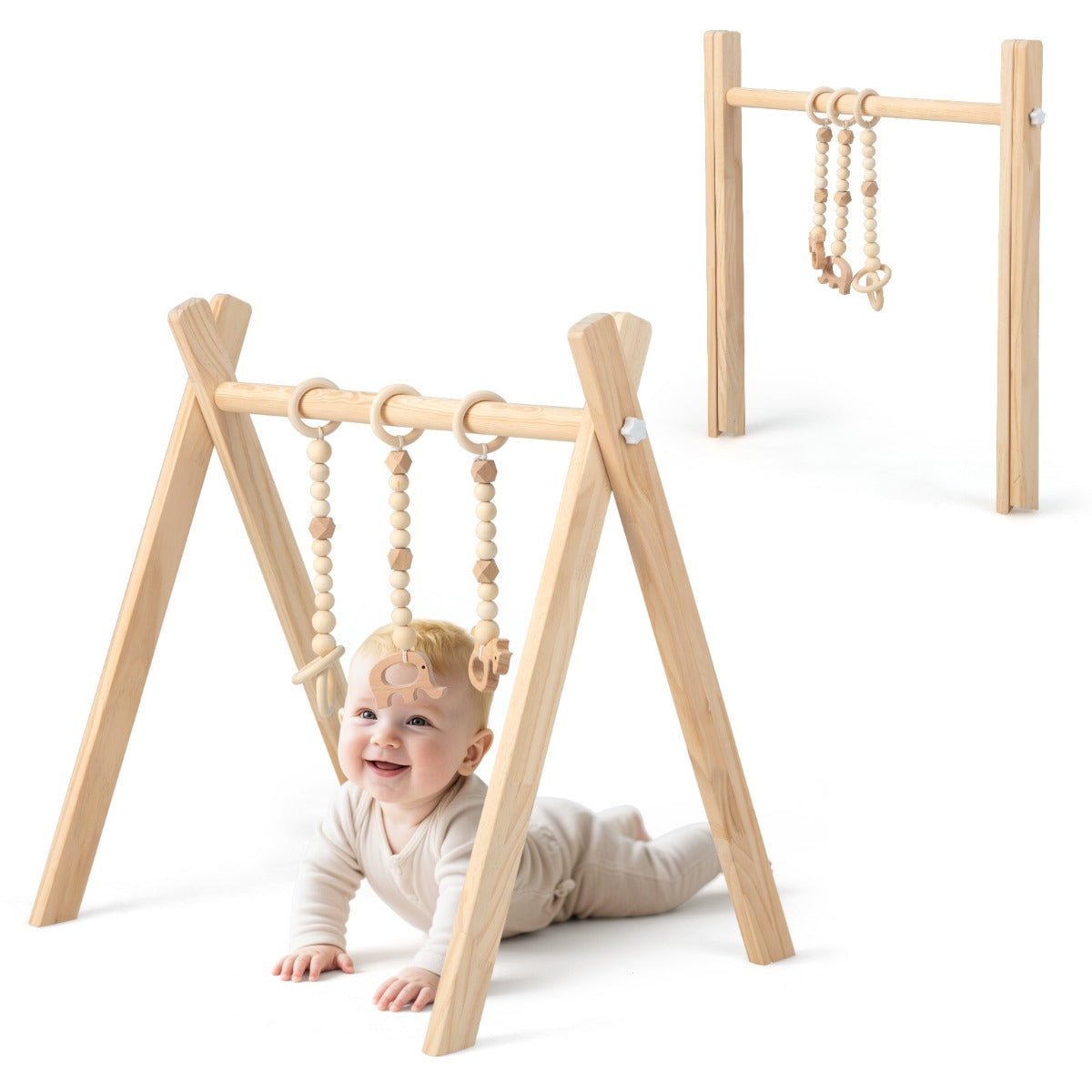 LIVSK Minispeeltuin - Houten Babygym met 3 Speelgoed - Opvouwbaar en Compact - Veilig en Stimulerend - Natuur