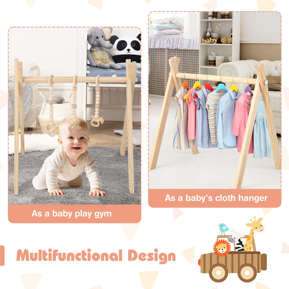 LIVSK Minispeeltuin - Houten Babygym met 3 Speelgoed - Opvouwbaar en Compact - Veilig en Stimulerend - Natuur