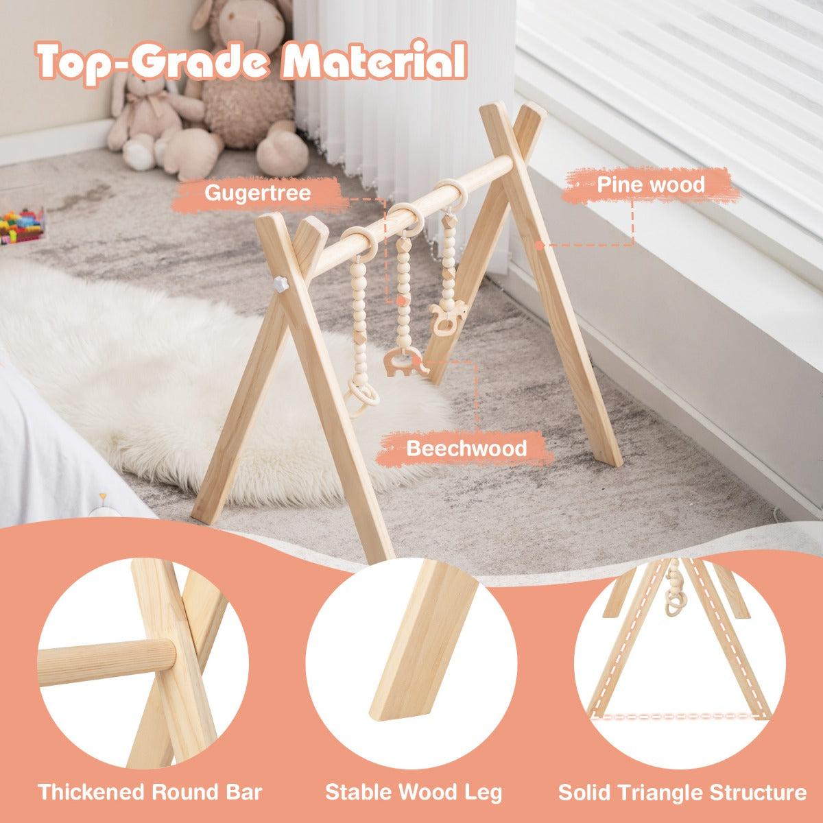 LIVSK Minispeeltuin - Houten Babygym met 3 Speelgoed - Opvouwbaar en Compact - Veilig en Stimulerend - Natuur