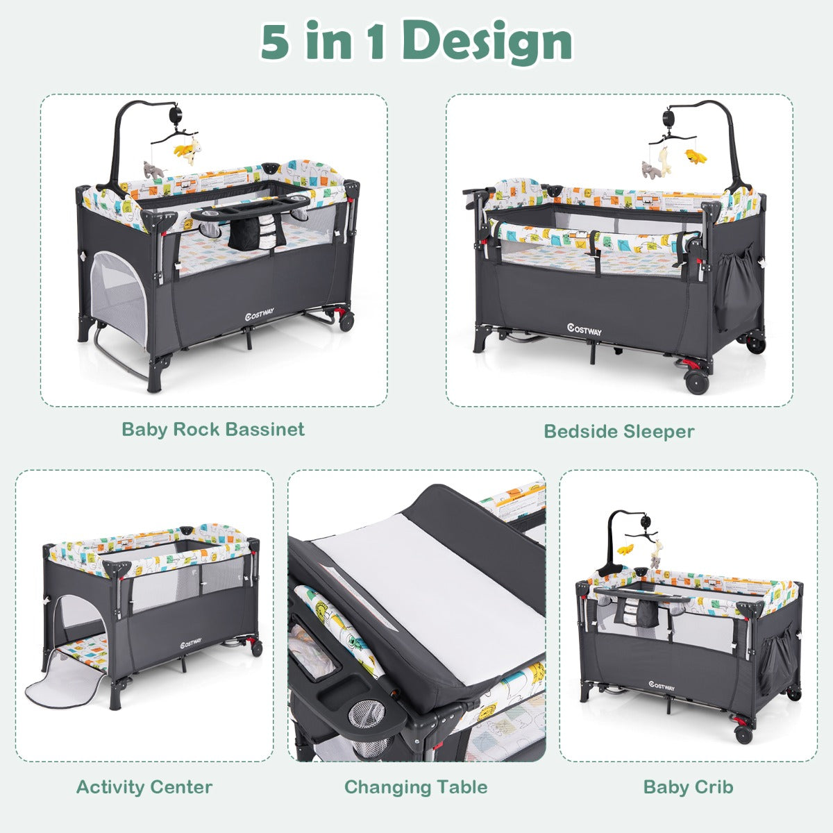 LIVSK 5-in-1 Babybedje - Multifunctioneel met Verschoontafel en Activiteiten Centrum - Veiligheidsbescherming - 125 x 66 x 83 cm