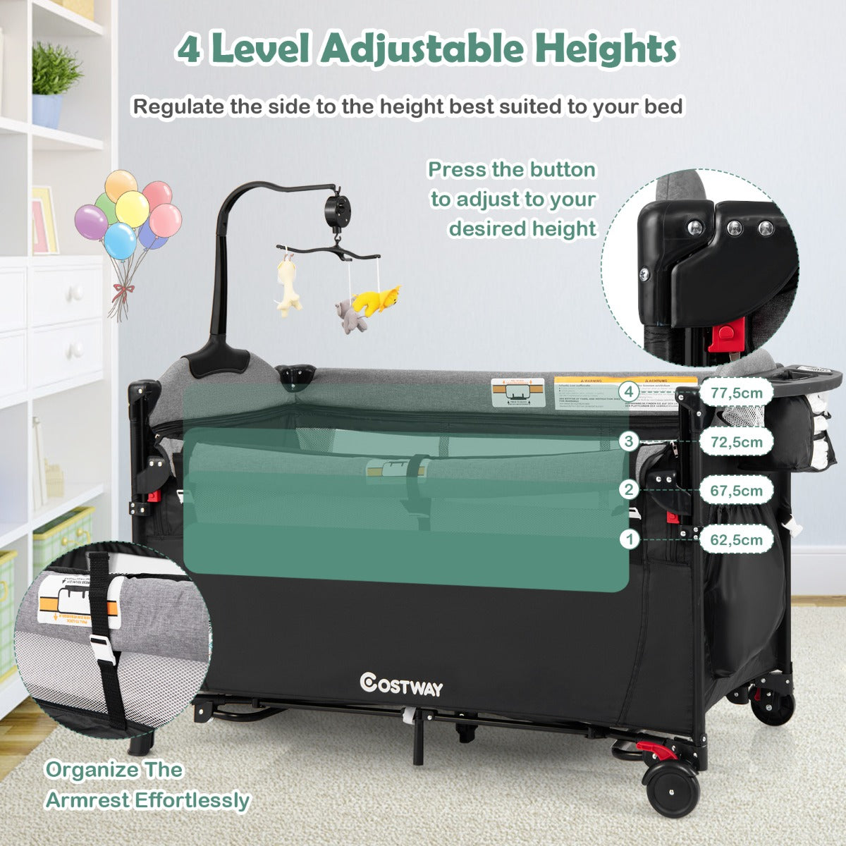 LIVSK 5-in-1 Babywiegbak - Luier Verschoontafel - Activiteitencentrum - Verstelbare Hoogte - Tot 15 kg - Zwart
