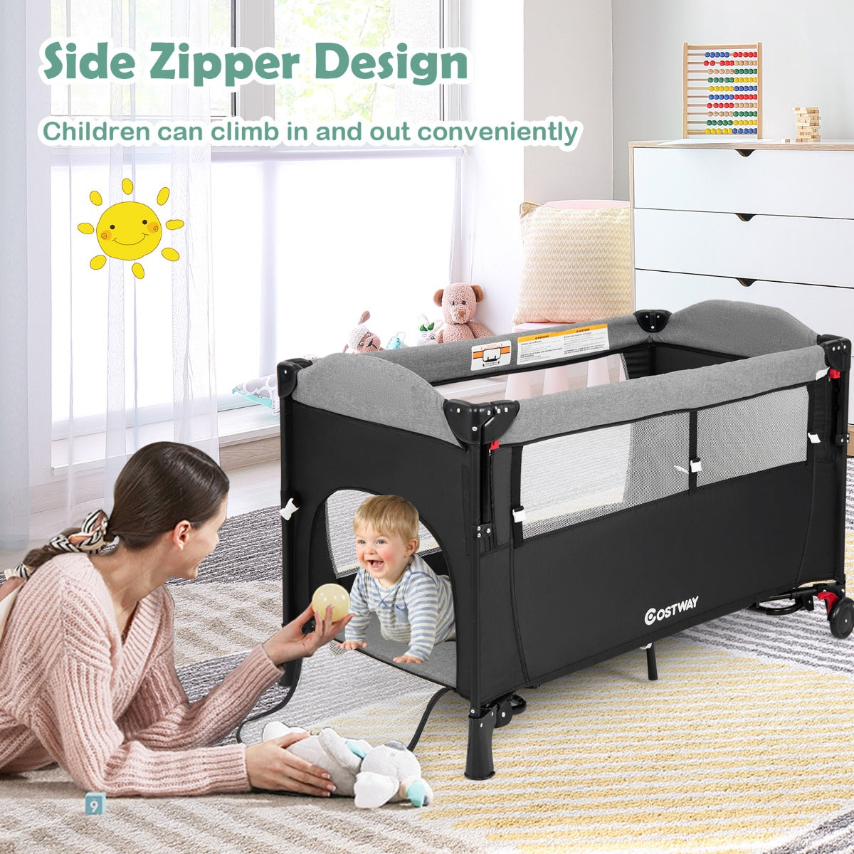 LIVSK 5-in-1 Babywiegbak - Luier Verschoontafel - Activiteitencentrum - Verstelbare Hoogte - Tot 15 kg - Zwart