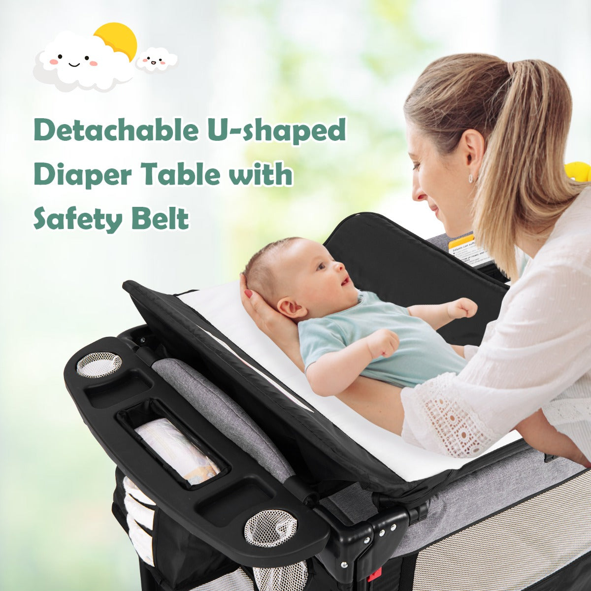 LIVSK 5-in-1 Babywiegbak - Luier Verschoontafel - Activiteitencentrum - Verstelbare Hoogte - Tot 15 kg - Zwart