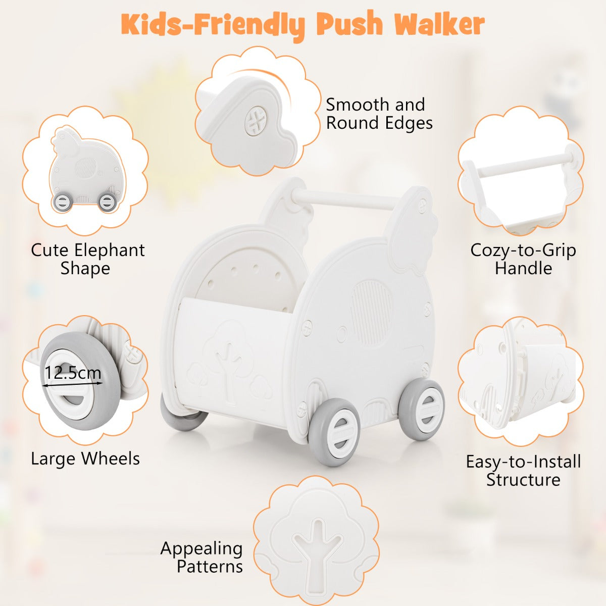 LIVSK 2-in-1 Baby Duwspeelgoed Olifant - Loopondersteuning en Winkelwagentje - Ergonomisch - Ruime Opbergruimte - Wit