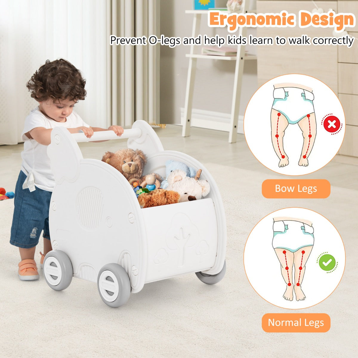 LIVSK 2-in-1 Baby Duwspeelgoed Olifant - Loopondersteuning en Winkelwagentje - Ergonomisch - Ruime Opbergruimte - Wit