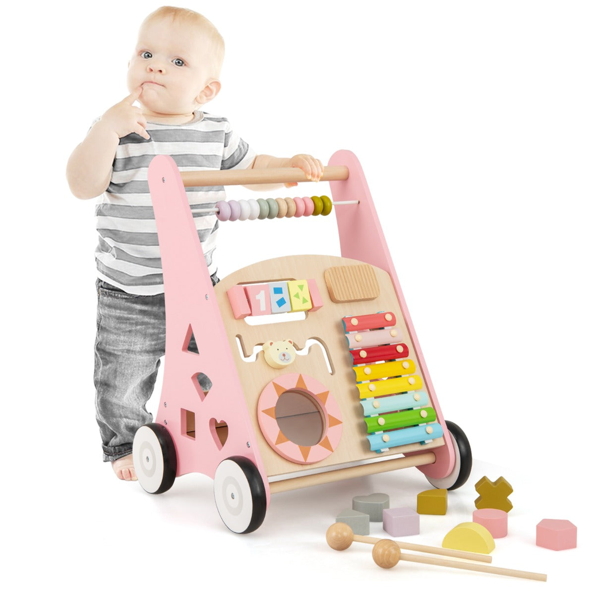 LIVSK Houten Baby Loopwagen - Met Speelactiviteiten en Opbergruimte - Ergonomisch Ontwerp - Voor 1+ Jaar - Roze