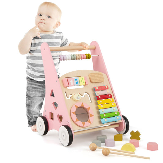 LIVSK Houten Baby Loopwagen - Met Speelactiviteiten en Opbergruimte - Ergonomisch Ontwerp - Voor 1+ Jaar - Roze