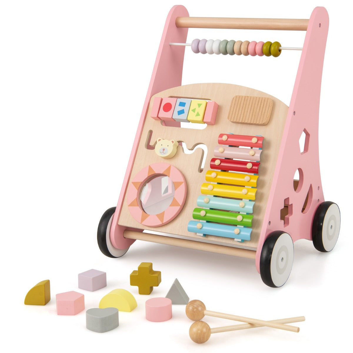 LIVSK Houten Baby Loopwagen - Met Speelactiviteiten en Opbergruimte - Ergonomisch Ontwerp - Voor 1+ Jaar - Roze